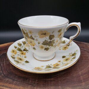 Vintage Queen Anne Bone China Teacup & Saucer Set Yellow Floral #8643 England